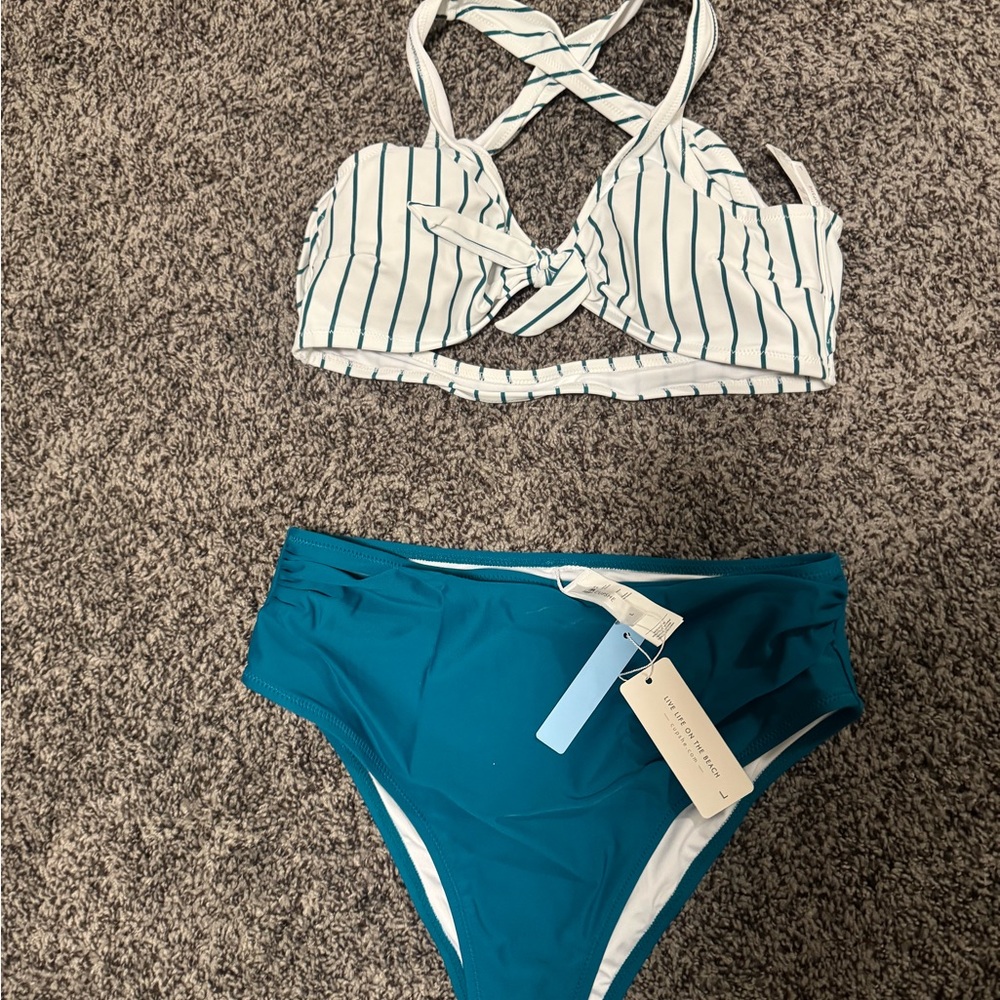 Cupshe Striped Bikini Top and Teal Bottoms L